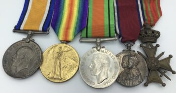 British War Medal. Victory Medal, (222 Gnr. H. Lazenby R.A.) Defence Medal, Silver Jubilee Medal 1935, Belgium Croix de Guerre 1914-1918.  222 Gunner Herbert Lazenby, Royal Artillery  EF