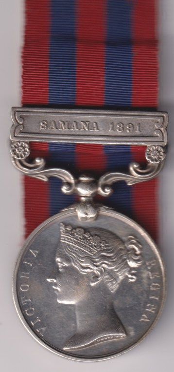 India General Service Medal 1854-1895, 1 clasp, Samana 1891. 1747 Private W. Leary, 2nd Bn. Manchester Regiment.  EF