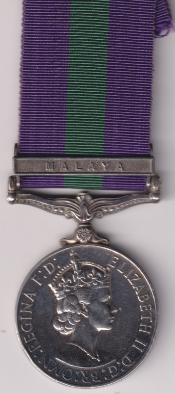 General Service Medal 1918-1962 5th issue Elizabeth II D:G: BR: OMN:, 1 clasp, Malaya. 22134579 Private R. Dickinson, Royal Army Ordnance Corps.  GVF