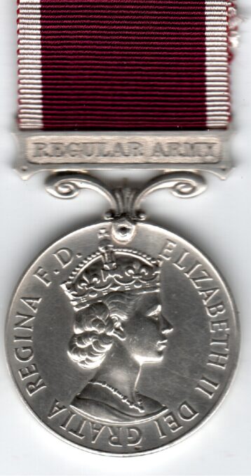 Army Long Service and Good Conduct Medal Elizabeth II issue, 2nd type 'Dei Gratia' post 1954 with regular army bar. 22405250 Sergeant I. M. Sutherland, Army Catering Corps  VF/GVF