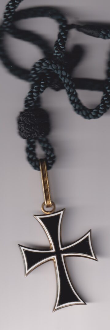 Austria Deutscher Ritterorden, Marianer cross  38 x 50 mm bronze and gilt, black and white enamel on a lanyard.  GVF