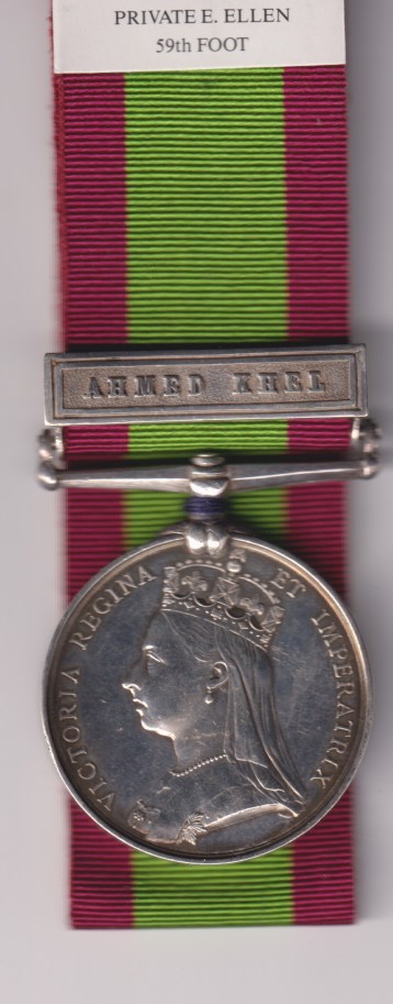 Afghanistan Medal 1878-1880, 1 clasp, Ahmed Khel. 15,B/136 Private E. Ellen, 59th Foot. EF