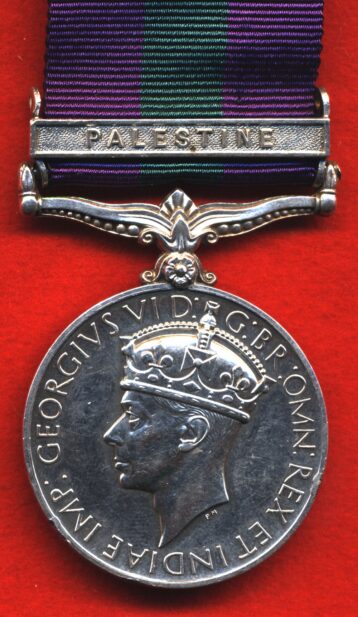 General Service Medal 1918-1962 3rd issue George VI IND IMP:, 1 clasp, Palestine. 3187792 Private P. O'Neill, King's Own Scottish Borderers 1 or 2 light edge bruises  GVF