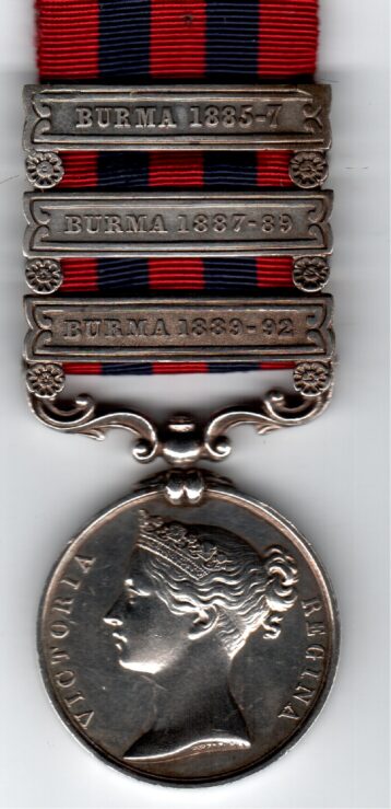 India General Service Medal 1854-1895, 3 clasps, Burma 1885-7, Burma 1887-89, Burma 1889-92. 300 Sepoy Thakoor Singh, Military Police Btn Myingyan     VF/GVF