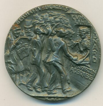 Lusitania Medal May 1915 British issue in iron, 5th May 1915. Obverse: ship sinking; Reverse: skeleton selling tickets, with copy certificate.  EF