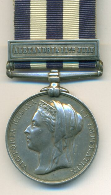 Egypt Med(Dated 1882), 1 clasp, Alexandria 11th July. Engineers Servant 'ervet' of 'Servant' has been rubbed away T. Curtice, Royal Navy H.M.S. Penelope. GVF.