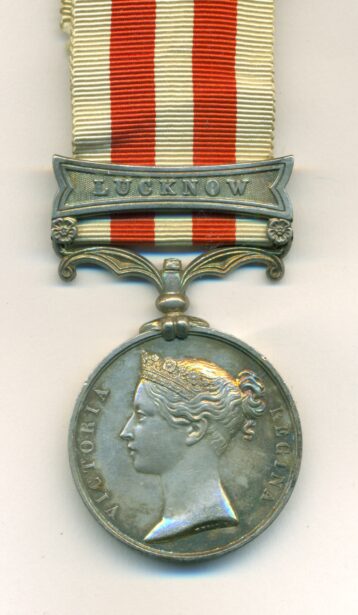 Obverse view of medal. Indian Mutiny Medal 1857-58, 1 clasp, Lucknow. Charles McKenzie, A.B. Shannon