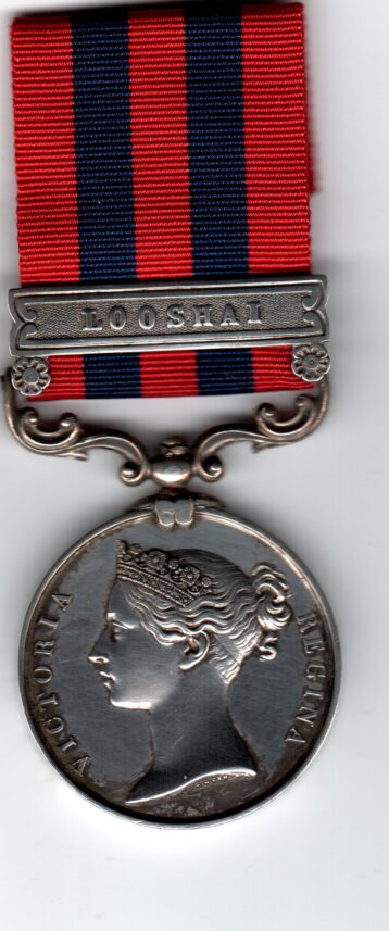 India General Service Medal 1854-95, 1 clasp, Looshai. Sepoy Nund Sing Lama 44th Regt. N.I.  with official corrections, suspension claw tightened.  GVF