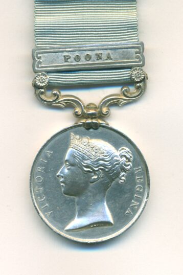 Obverse view of medal. Army of India Medal 1799-1826, 1 clasp, Poona. Assistant Surgeon. Alexander Henderson, Artillery.