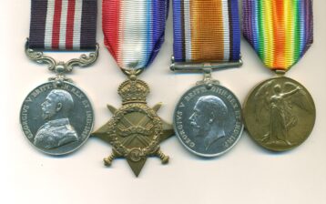 Obverse view of medals. Military Medal, G.V.R. (13692 Ftr: S. Sjt: E. Pilkington. 120/By. R.F.A.); 1914-15 Star (13692 Ftr: S.Sjt. E. Pilkington. R.F.A.) number partially double-struck; British War Medal (13692 S-Sjt. E. Pilkington. R.A.); Victory Medal (13692 S-Sjt. E. Pilkington. R.A.) 13692 Sergeant Ernest Pilkington Royal Field Artillery.