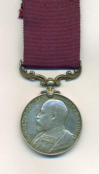 Obverse view of medal. Army Meritorious Service Medal, Edward VII issue. Quartermaster Sergeant R. Rourke, Royal Artillery.