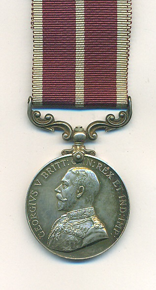 Obverse view of medal. Army Meritorious Service Medal George V issue military bust. 510221 Corporal (Acting Staff Sergeant) Leslie Joseph Main, Royal Army Medical Corps