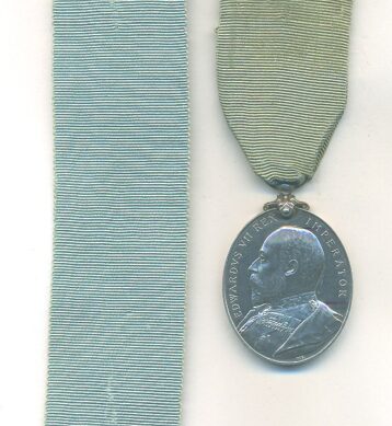 Obverse view of medal. Militia Long Service and Good Conduct Medal 1904, Edward VII British issue ‘Rex imperator’. 3629 Serjeant: B. J. Moss. Middlesex Regiment. Number partially double-struck.