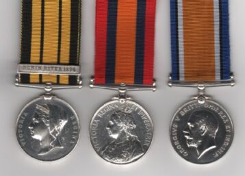 Obverse view of medals. East and West Africa 1887-1900, 1 clasp, Benin River 1894 (H. Rowe, A.B., H.M.S. Philomel.); Queen’s South Africa Medal 1899-1902, no clasp (H. Rowe, P.O. 1st Cl: H.M.S. Doris); British War Medal (138443 H. Rowe. P.O. R.N.). Petty Officer H. Rowe, Royal Navy