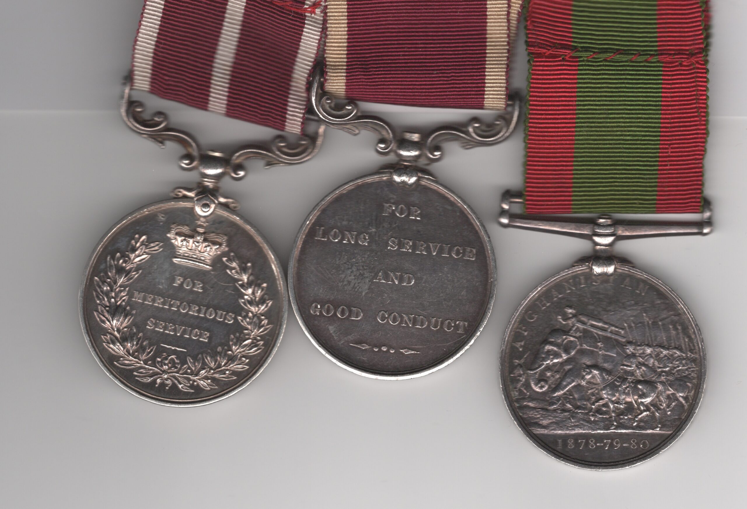 Afghanistan Medal 1878-1880, no clasp (502. Sergt. J. Birch. D/A Bde R.H.A.); Army Meritorious Service, G.V.R. (S. Mjr. J. Birch. R.A.); Army Long Service and Good Conduct Medal, Victoria issue, 3rd type 1874-1901 swivelling scroll suspension with smaller reverse lettering (1373. By. S. Maj: J. Birch. R.H.A.); 502 Sergeant-Major James Birch, Royal Artillery, late “D” Battery, “A” Brigade, Royal Horse Artillery. VF/GVF - Image 2