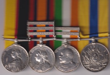 Queen’s Sudan Medal 1896-1898 (84607. Gr. R. W. Dawson. R.A.); Queen’s South Africa Medal 1899-1902, 3 clasps, Tugela Heights, Orange Free State, Relief of Ladysmith (84607 Gnr: R. W. Dawson. 73rd. Bty: R.F.A.); King’s South Africa Medal 1901-02, 2 clasps, South Africa 1901, South Africa 1902 (84607 Gnr: R. W. Dawson. R.F.A.); Khedive’s Sudan Medal 1896-1908, no clasp (844607. Gr. R. W. Dawson. 32. F.B. R.A.). Gunner R. W. Dawson, Royal Field Artillery.   Contacting VF