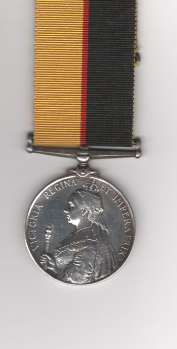 Obverse view of medal. Queen’s Sudan Medal 1896-1898. 20301 Gunner J. Baxter. Royal Artillery.