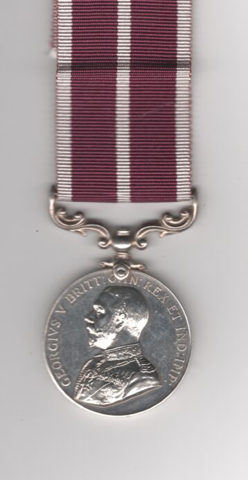 Obverse view of medal. Army Meritorious Service Medal George V issue military bust. 149803 Bombardier Albert H. Hunt. Clerks’ Section. Royal Artillery.
