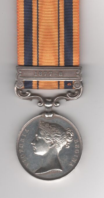 Obverse view of medal. South Africa Medal 1877-1879, 1 clasp, 1877-8 Gunner H. J. Art, Prince Alfred’s Own Cape Volunteer Artillery.
