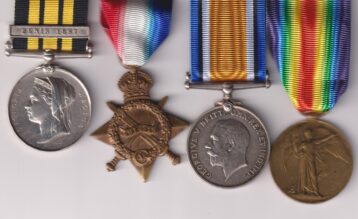 East and West Africa Medal 1887-1900, 1 clasp Benin 1897, (G.J. Morse Sto. H.M.S. St. George) 1914-15 Star (2106 Pte G.J. Morse Welsh R.) British War Medal, Victory Medal (2106 Pte G.J. Morse Welsh R.) Stoker/ Private G.J. Morse H.M.S. St. George and 2106 Welsh Regiment.   VF