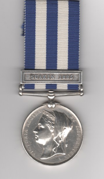 Obverse view of medal. Egypt Medal 1882-1889, (Undated), 1 clasp, Abu Klea. 599 Private W. Howe, Med. S. Corps. Traces of lacquer.