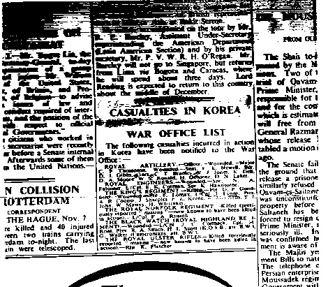 Extract from the Times Newspaper 8th November 1952 detailing Korean War Casualties in which Gunner C T Bradley is mentioned.