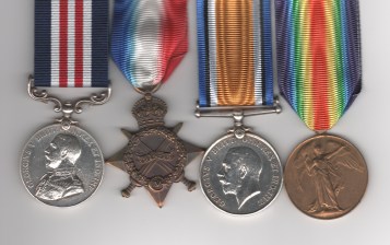Obverse view of medals. Military Medal, G.V.R, (82185 Gnr: H. Triplow. D.330/Bde. R.F.A.); 1914-15 Star (82185. Dvr. H. Treplow [sic], R.F.A.); British War Medal (82185 Gnr. H. Treplow [sic]. R.A.); Victory Medal (82185 Gnr. H. Treplow [sic]. R.A.). Gunner H. Triplow, Royal Field Artillery. Official correction to surname on MM.