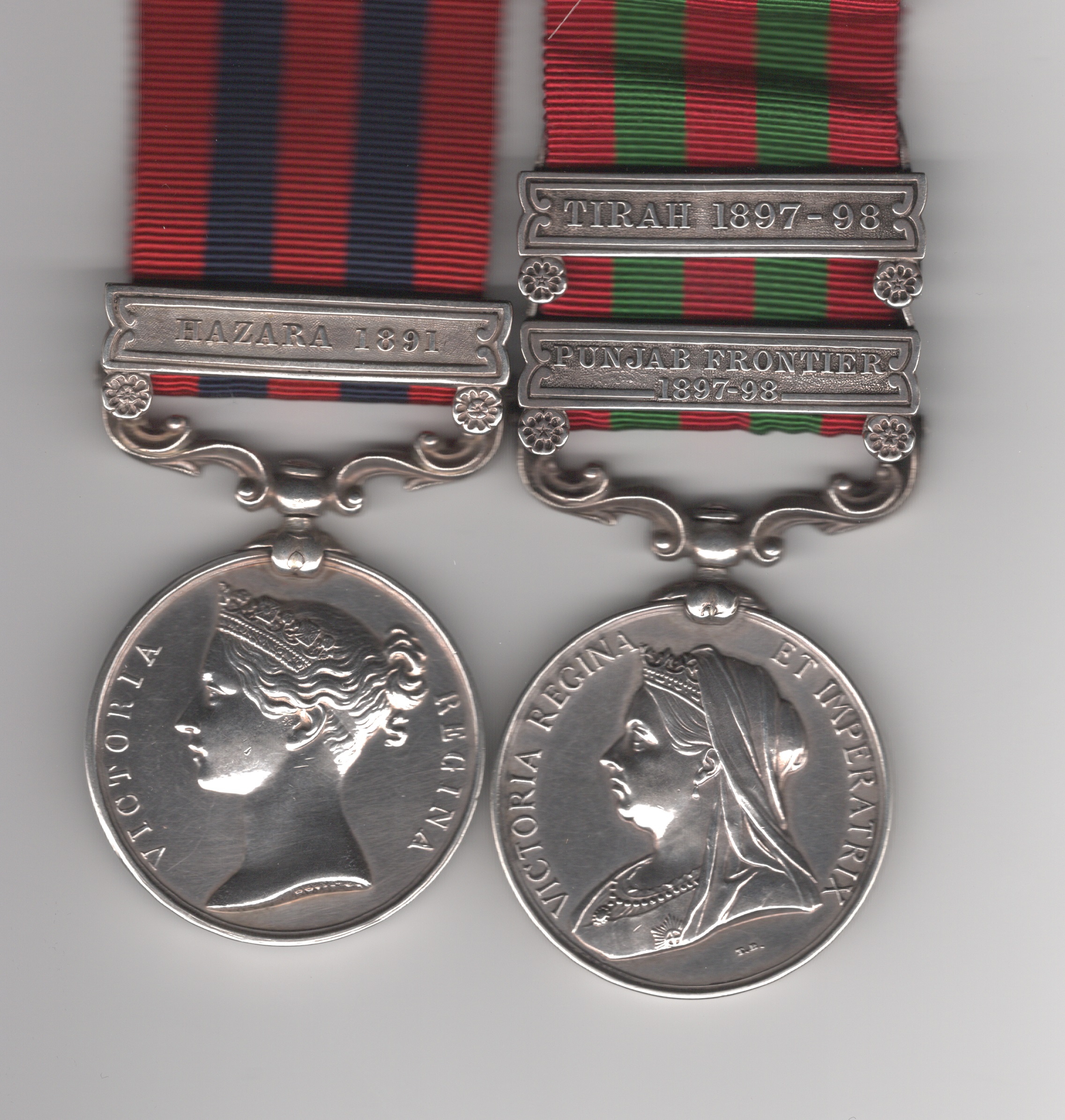 Obverse view of India General Service Medal 1854-1895, 1 clasp, Hazara 1891 (Major E. Balfe S.C.); India General Service Medal 1895-1902, 2 clasps, Punjab Frontier 1897-98, Tirah 1897-98 (Lieutt.-Coll: E. Balfe. I.S.C.). Colonel E. Balfe, Indian Staff Corps, Indian Army, late 27th and 49th Regiments of Foot.
