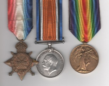 Obverse view of 1914-15 Star (14830 Pte. A. Sneddon. High: L.I.); British War Medal (14830 Pte. A. Sneddon. High. L.I.); Victory Medal (14830 Pte. A. Sneddon. High. L.I.). Private A. Sneddon, 16th (2nd Glasgow Pals’) Battalion, Highland Light Infantry. EF.