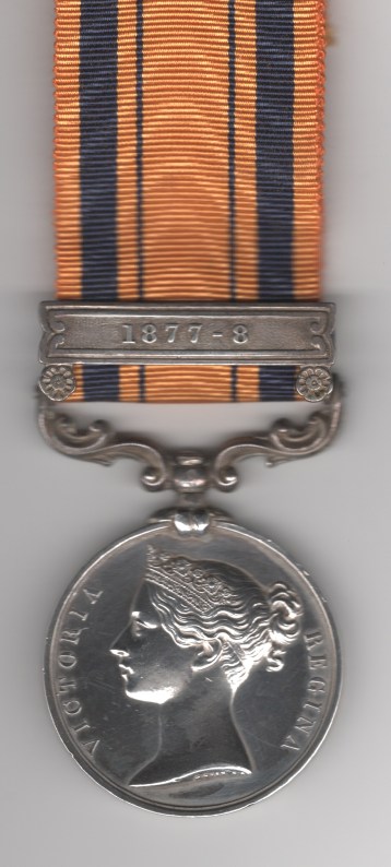 Obverse view of South Africa Medal 1877-1879, 1 clasp, 1877-8. Sergeant A. Harley, Adelaide Volunteer Cavalry.