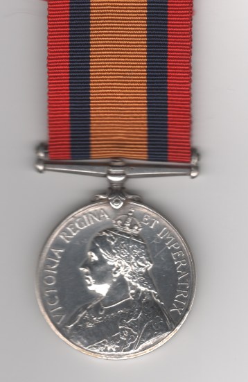 Obverse view of Queen’s Mediterranean Medal 1899-1902. 2192 Private N. Nate. Royal West Kent Regiment.