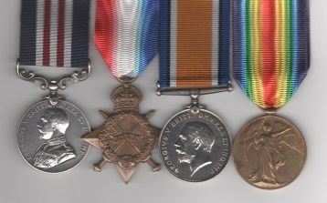 Obverse view of Military Medal, G.V.R, (951281 Gnr:-L. Bmbr: W. Whitaker. ‘A’ By: 235/Lond: Bde: R.F.A.); 1914-15 Star (2854 Gnr W. Whitaker. R.F.A.); British War Medal (2864 A. Bmbr. W. Whitaker. R.A.); Victory Medal (2864 A. Bmbr. W. Whitaker. R.A.). Lance-Bombardier W. Whitaker, “A” Battery, 235th (London Brigade), Royal Field Artillery.
