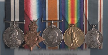 Obverse view of Distinguished Service Medal, G.V.R. (271692. RG. Jefferson, E.R.A.2CL. H.M.S. Benbow 31. May - 1 June 1916); 1914-15 Star (271692. R.G. Jefferson, E.R.A.3, R.N. ); British War Medal (MTE. R.G. Jefferson. R.N.); ; Victory Medal (MTE. R.G. Jefferson. R.N.); Coronation Medal 1937, unnamed as issued. Engine Room Artificer, Second Class, later Engineer Commander Ronald Glinn Jefferson, Royal Navy.