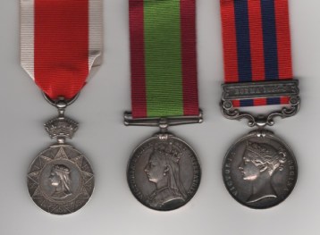 Obverse view of Abyssinia War Medal 1867-1868 (Lieut. A. Poole. 25th Bo. N.L.I.); Afghanistan Medal 1878-1880, no clasp (Major A. Poole 5th Bo. N.L.I.); India General Service Medal 1854-1895, 1 clasp, Burma 1885-7 (Lieutt. Colonel A. Poole. 5th Bo: Infy.). Colonel A. Poole, 5th Bombay Infantry.