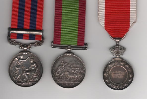 Abyssinia War Medal 1867-1868 re-engraved (Lieut. A. Poole. 25th Bo. N.L.I.); Afghanistan Medal 1878-1880, no clasp re-engraved (Major A. Poole 5th Bo. N.L.I.); India General Service Medal 1854-1895, 1 clasp, Burma 1885-7, officially named in running script (Lieut. Colonel A. Poole. 5th Bo: Infy.). Colonel A. Poole, 5th Bombay Infantry. VF - Image 2