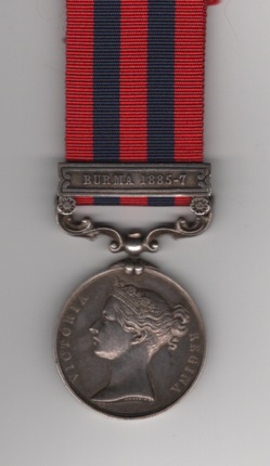 Obverse view of India General Service Medal 1854-1895, 1 clasp, Burma 1885-7. Captain P. J. Harvey, Assistant Superintendent, Police. Lightly polished.