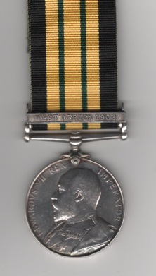Obverse view of Africa General Service Medal 1902-1956, Edward VII British issue ‘Rex imperator’, 1 copy clasp, West Africa 1906. 281 Private Musa Bebeji. S.N. Regiment. Polished.