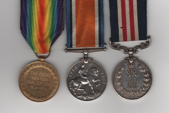 Reverse view of a Military Medal G.V.R. (202938 Pte. F. H. Brittain. 7/Midd’x R.); British War Medal (7613 Pte. F. H. Brittain. Midd’x R.); Victory Medal (7613 Pte. F. H. Brittain. Midd’x R.). Private F. H. Brittain, Duke of Cambridge’s Own (Middlesex Regiment)