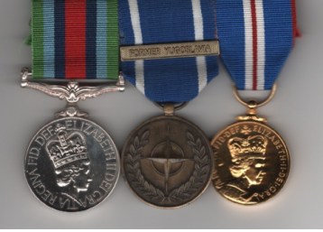 Obverse view of Operational Service Medal Sierra Leone (LSTD M D Clarke D199378G RN); NATO Medal 1992 in Bronze, Former Yugoslavia; Golden Jubilee Medal 2002, unnamed as issued. Leading Steward M. D. Clarke, Royal Navy. Mounted as worn.