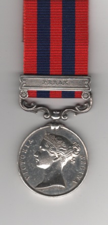 Obverse view of India General Service Medal 1854-1895, 1 clasp, Perak. H. Miller, Car: Crew. H.M.S. Thistle. Light contact marks.