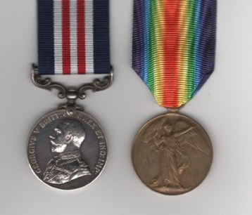 Obverse view of Military Medal G.V.R. (200087 Sjt. H. Robinson. 5/Lan: Fus.); Victory Medal (200087 Sjt. H. Robinson. Lan. Fus.). 200087 Sergeant H. Robinson, 5th Battalion, Lancashire Fusiliers. Edge dig to first medal, staining to reverse of second medal.