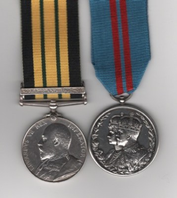 Obverse view of Africa General Service Medal 1902-1956, Edward VII British issue ‘Rex imperator’. 1 clasp, Somaliland 1902-04 (3132 Bglr. Jamal Khan. 107th Pioneers.); Delhi Durbar Medal 1911, silver, unnamed as issued. Bugler Jamal Khan, 107th Pioneers. Contact marks and polishing on AGS.