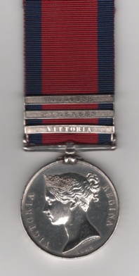 Obverse view of Military General Service Medal 1793-1814, 3 clasps, Vittoria, Pyrenees, Toulouse. Corporal W. Allen, Royal Artillery Drivers. Light marks.