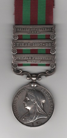 Obverse view of India General Service Medal 1895-1902, 3 clasps, Punjab Frontier 1897-98, Tirah 1897-98, Relief of Chitral 1895. 99555 Gunner J. Brown No. 8 Mountain Battery Royal Artillery. Clasps re-mounted in this order, initial 'J' officially corrected.