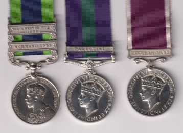 India General Service Medal 1908-1935, 2 clasps, Mohmand 1933, North West Frontier 1935 (5485832 Pte. H. Pottle. Hamps. R.); General Service Medal 1918-1962, 3rd issue George VI IND IMP: 1 clasp, Palestine (5485832. Cpl. H. J. Pottle. 1 Hamps. R.); Army Long Service and Good Conduct Medal, George VI issue 1st type 'Indiae Imp.' 1937-1948 with regular army bar (548532 Cpl. H. J. Pottle. Hamps. R.). Corporal H. J. Pottle, Hampshire Regiment. GVF/EF