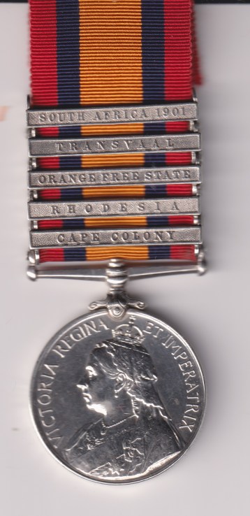 Queen’s South Africa Medal 1899-1902, 5 clasps, Cape Colony, Rhodesia, Orange Free State, Transvaal, South Africa 1901 4765 Trooper H G Rushley, 50th Company, 17th Imperial Yeomanry.  GVF