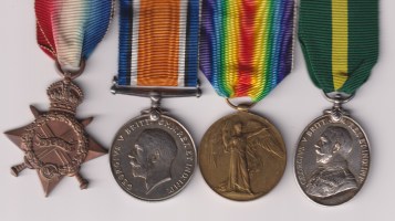 1914-15 Star, (437 Dvr. J. Dalton R.F.A.) British War Medal, Victory Medal, (437 Dvr. J. Dalton R. A.) Territorial Force Efficiency Medal 1908 George V issue (705063 J. Dalton R.F.A.) 437/705063 J. Dalton Royal Field Artillery. Official correction 'on' of Dalton. VF