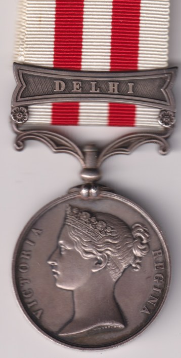 Indian Mutiny Medal 1857-1858, 1 clasp, Delhi. John Holtby, 75th Regiment.  EF