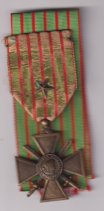 Croix de Guerre 1914-1918, France,  star on old original worn ribbon (sold with spare ribbon) GVF
