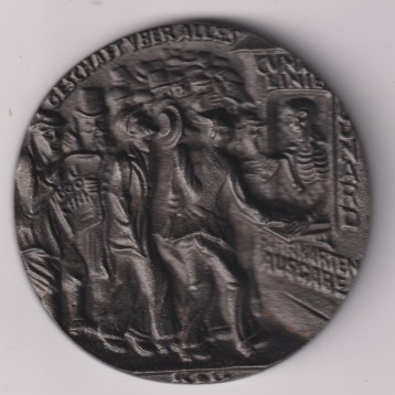 Lusitania Medal May 1915 British issue in iron, 5th May 1915. Obverse: ship sinking; Reverse: skeleton selling tickets, in a box of issue with copy certificate.  EF